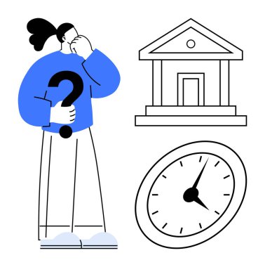 Elinde soru işareti olan bir kadın, klasik bir banka binası ve bir saat. Karar verme, zaman yönetimi, finansal planlama, belirsizlik, sorun çözme kariyer seçimleri için idealdir. Basit.