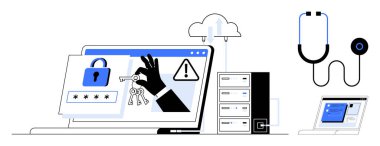 Kilitli bir dizüstü bilgisayar, anahtarlar, alarm işareti, sunucular, stetoskop, bulut. Siber güvenlik, sağlık güvenliği, veri gizliliği dijital güvenlik erişim bilişim sistemleri için ideal basit düz metafor