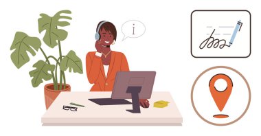 İmza ve konum için simgeli kulaklık, bilgisayar ve not defteri kullanan profesyonel biri. Müşteri desteği, iletişim, teknoloji, çevrimiçi hizmetler, yönetim, işlemler için ideal