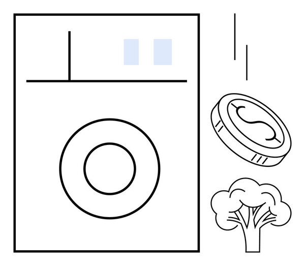 Washing machine with detergent pod and broccoli symbolizing eco-conscious laundry practices. Ideal for sustainability, eco-living, minimalism, cleanliness, efficiency, conservation, modern lifestyle
