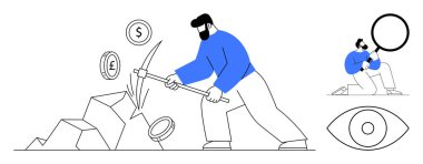 Madencilik yapan işçiler madeni paraları serbest bırakıyorlar. Dolar, pound, euro araştırma ekonomisi büyüteçle destekleniyor. Finans, yatırım, ekonomi, zenginlik oluşturma, analiz, büyüme için ideal