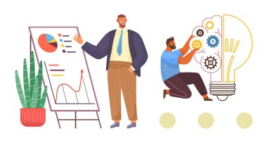 Meslektaşlar istatistikleri grafikte sunarken, diğeri büyük bir ampulün dişlilerini ayarlıyor. İşbirliği, yenilik, iş stratejisi, takım çalışması, analiz, büyüme, problem çözme için ideal. Basit.