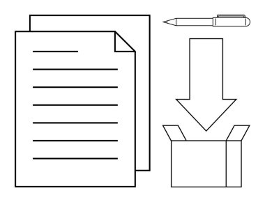 Kalem, iki sayfa kaplanmış kağıt, aşağı doğru ok belge yönetimi, organizasyon, yazma, paketleme, arşivleme, iletişim işi için ideal bir kutuyu işaret ediyor. Basit düz metafor