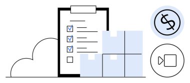 Yapılacaklar listesi, istiflenmiş kutular, dolar ve video simgeleri bulutlara karşı. Lojistik, tedarik zinciri, e-ticaret, envanter, planlama, dijital entegrasyon için ideal. Basit düz