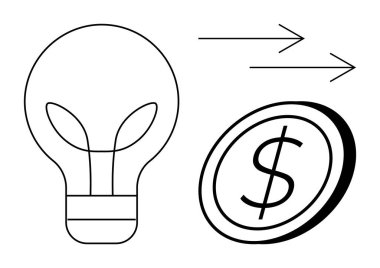 Finansal başarı için bir madeni para ve ilerlemeyi simgeleyen oklarla eşleştirilmiş ampuller. Yenilik, yatırım, girişimcilik, büyüme, strateji, yaratıcılık ve gelecek için idealdir. Basit.