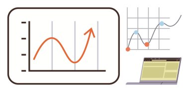 Büyüme eğilimlerini, veri noktalarını ve analizi gösteren bir dizüstü bilgisayarı gösteren çizelgeler. İş stratejisi, analitik, performans, planlama, sunum, istatistik için ideal basit düz metafor