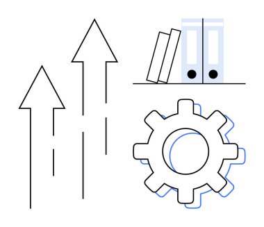 Yukarı doğru büyümeyi simgeleyen oklar, bilgiyi temsil eden kitaplar ve klasörler ve süreçleri sembolize eden bir dişli. İş, eğitim, üretkenlik, kalkınma, organizasyon, planlama için ideal