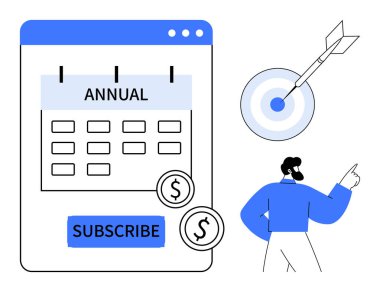 İnteraktif takvim yıllık olarak işaretli, dolar simgeleri ödemeyi temsil ediyor, dart tahtası hedef, ve elementleri gösteren figür. Planlar, hedefler, tasarruflar, strateji, yatırım zamanlaması için ideal