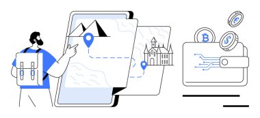 Sırt çantalı gezgin, bir cüzdanda kripto para birimiyle birlikte katmanlı dijital haritalarda hedefleri belirliyor. Seyahat, navigasyon, dijital finans, teknoloji, yenilik, uzak çalışma, gelecekteki ekonomi için idealdir. A