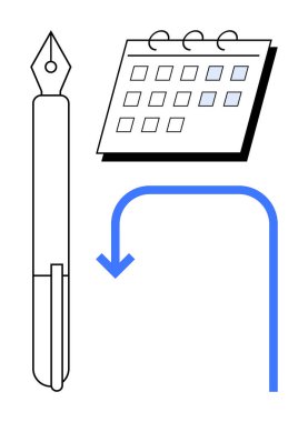 Dolma kalem, şebeke planlı takvim ve eğri mavi ok, planlama, organizasyon, teslim tarihleri ve görev yönetimi kavramlarını çağrıştırıyor. Çalışma akışı, zamanlama, hedef belirleme verimliliği için ideal
