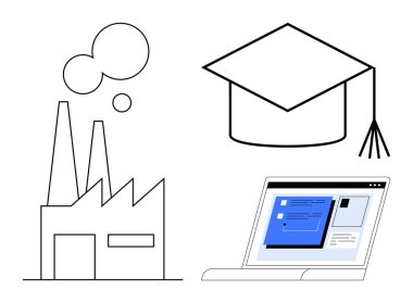 Duman yayan fabrika, mezuniyet şapkası ve ekran elementli laptop. Eğitim, endüstri, teknoloji, yenilik, bilgi kariyer büyümesi ve ilerleme temaları için idealdir. Basit düz metafor