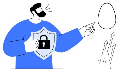 Asma kilitli bir kalkan takan adam güvenliği temsil ediyor. Oklarla büyümek gibi soyut bir fikre işaret ediyor. Gizlilik için ideal, güvenlik, veri koruması, büyüme, liderlik, yenilik, basit