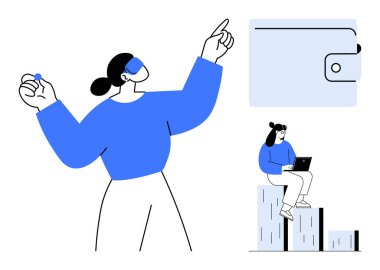 Kendine güvenen bir kadın, finansmanı ön plana çıkaran bir cüzdan, veri çubuklarının üzerinde çalışan bir şahıs. Takım çalışması, finans, teknoloji, analiz, strateji, yenilik büyümesi için ideal