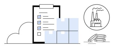 İşaretli görevleri olan kontrol listesi, depo kutuları, bozuk para yığını ve daire şeklinde fabrika taslakları. Lojistik, envanter, üretim, ticaret, planlama ekonomisi verimliliği için ideal basit düz metafor