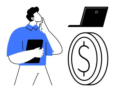 Tablet tutan adam, dizüstü bilgisayar ve madeni paranın yanında kafa yoruyor. Finans, karar verme, girişimcilik, planlama, e-ticaret, dijital pazarlama hedefi belirlemek için idealdir. Basit düz metafor