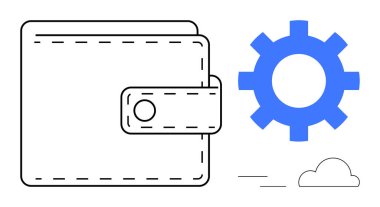 Cüzdan simgesi, dijital finans, ödeme sistemleri, teknoloji entegrasyonu, online bankacılık, otomasyon, fintech çözümler ve modern finansal araçları sembolize eden bir teçhizat ve bulutla eşleştirilmiştir. Basit düz