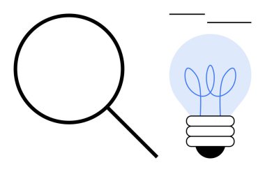 Yenilik, araştırma, büyüme ve keşfi sembolize eden lifli ampulün yanındaki büyüteç. İş için ideal, yaratıcılık, eğitim, strateji, yenilik geliştirme