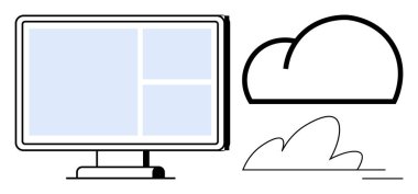 Kalın bulut grafiklerinin yanındaki ızgara düzenini gösteren bilgisayar ekranı. Teknoloji, yazılım, bulut hesaplama, veri depolama, bağlantı, bilişim hizmetleri ve dijital dönüşüm için ideal. Basit düz