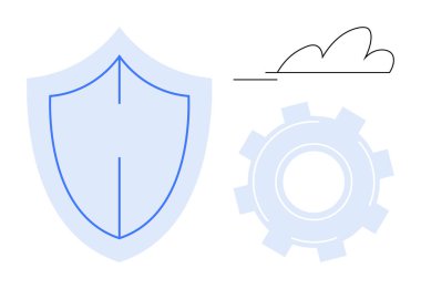Kalkan korumayı temsil ediyor, teçhizat sistemi optimizasyonunu simgeliyor, ve bulut teknolojisi için bulut. Siber güvenlik, bulut bilgisayarı, bilişim hizmetleri, veri güvenliği, işlem yönetimi için ideal