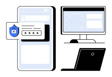 Kalkan kilidi simgesi, masaüstü görüntüsü ve dizüstü bilgisayarlı akıllı telefon giriş formu. Siber güvenlik, veri koruması, aygıt güvenliği, çevrimiçi mahremiyet, erişim kontrolü, bilişim sistemleri ve kimlik denetimi için ideal