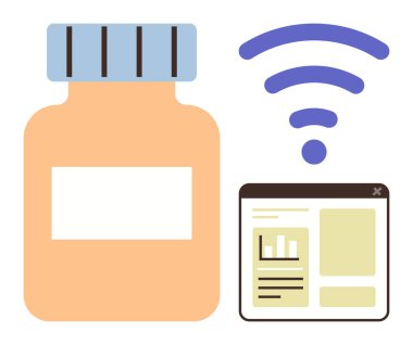 İnternet arayüzü ve dijital sağlık monitörünü gösteren kablosuz sinyalin yanında hap kutusu. Sağlık, teknoloji, yenilik, bağlantı, tıbbi araştırma, uzaktan erişim için ideal