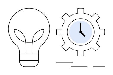 Ampul yaratıcılığı ve zaman yönetimi ve verimliliği temsil eden vites saatini simgeliyor. Yenilik, planlama, üretkenlik, strateji, zaman tasarrufu, iş akışı için ideal, basit düz metafor
