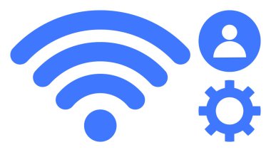 Mavi kablosuz sinyal, kullanıcı profili ve dişli simgeleri ağ erişimini, kullanıcı yönetimini ve ayarları temsil eder. Teknoloji, bağlantı, iletişim ve ağ hizmetleri için ideal