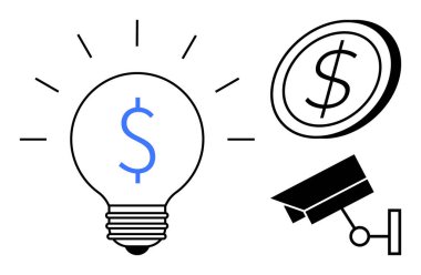 Dolar işareti, bozuk para ve güvenlik kamerası olan ampul fikirleri, yatırımı, güvenliği görselleştiriyor. Girişimcilik, finans, yenilik, güvenlik sistemleri iş planlama fintech için idealdir