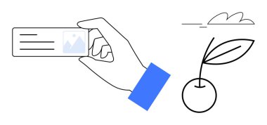 Elinde fotoğraf olan bir kimlik kartı, yapraklı basit bir kiraz ve soyut doğa çizgileri. Kimlik, minimalizm, doğa, markalaşma, basitlik tasarımı kavramsal fikirler için idealdir. Basit bir daire.