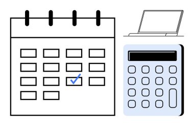 Bir dizüstü bilgisayar ve hesap makinesi eşliğinde işaretlenmiş bir takvim. Planlama, planlama, mali yönetim, bütçe, proje yönetimi, mühlet ve zaman organizasyonu için ideal