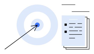 Ok, stratejiyi, odaklanmayı, hassasiyeti, planlamayı, başarıyı, başarıyı, organizasyonu sembolize eden belgelerle hedef merkezini vuruyor. Basit bir dairede iş hedefleri, üretkenlik ve strateji için ideal