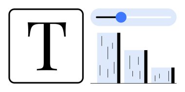 Büyük harf T, metin biçimini, özelleştirme için ayarlanabilir kaydıracı ve veri gösterimi için çubuk grafiğini temsil eder. Tasarım, tipografi, sunum, veri, kişiselleştirme ve analiz için ideal