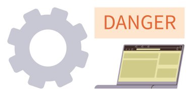 Kalın Tehlike metniyle birlikte internet tarayıcısının yanındaki vites sembolü siber güvenlik endişelerini vurguluyor. Teknoloji, veri koruması, uyarı, sistem hatası, çevrimiçi güvenlik, kodlama, UX için ideal. Basit düz