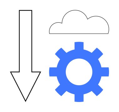 Siyah ok aşağıya doğru, çizilmiş bulut ve mavi dişli. Teknoloji, bulut hesaplama, veri transferi, otomasyon, altyapı yazılım geliştirme işletmeleri için idealdir. Basit düz