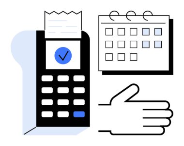 Ödeme terminali faturası, tarih belirten takvim, el hareketi ya da onay önerisi. Ödeme süreci, zamanlama, finans, işletme işlemleri, iş akışı yönetimi için ideal