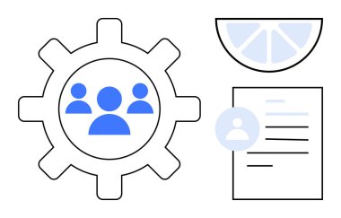Kullanıcı simgeleri, profil dokümanı ve limon dilimli vites. Takım çalışması, verimlilik, işbirliği, iş akışı, organizasyon entegrasyonu için ideal. Renkli ve basit düz metafor