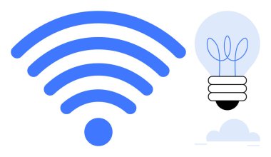 Mavi kablosuz sinyal ikonu içinde bitki tasarımı ve bulut olan bir ampulün yanında. Yenilik, bağlantı, teknoloji, sürdürülebilirlik, enerji, modern iletişim ve basit düz iletişim için ideal