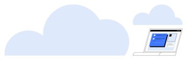 Büyük biçimlendirilmiş bulutların yanında veri yönetim arayüzünü gösteren dizüstü bilgisayar. Bulut hesaplama, dijital depolama, uzak çalışma, çevrimiçi veri paylaşımı, ağ oluşturma, minimalizm, basit düz metafor
