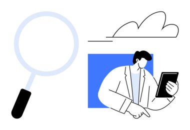 Profesyonel bir iş adamı büyüteç ve bulutun yanındaki tablet ekranı işaret ediyor. Araştırma, analitik, teknoloji, yenilik, veri depolama, eğitim, dijital dönüşüm için ideal. Basit.