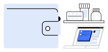 Cüzdan simgesi, veri içeren bilgisayar ekranı, tıbbi haplar ve rafta şişeler. Finans, sağlık, e-ticaret, teknoloji, sağlık yönetimi çevrimiçi işlemler için ideal basit düz metafor