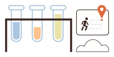 Renkli sıvılarla dolu üç test tüpü, konum belirleyici, insan yolu ve bulut simgesi. Bilim, araştırma, navigasyon, keşif yenilikleri için idealdir. Basit düz metafor
