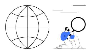 Küresel şebekeyi inceleyen, küresel araştırmaları, keşifleri ya da analizleri sembolize eden bir büyüteç tutan adam. Yenilik, veri çalışması, küreselleşme, keşif, araştırma İnternet için ideal