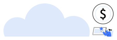 Bulut, dairesel çerçevenin içindeki dolar işareti, kullanıcı dijital ekranda bir yıldızla yazı yazıyor. Bulut hesaplama, finans, dijital hizmetler, çevrimiçi işbirliği, veri yönetimi, e-ticaret için ideal