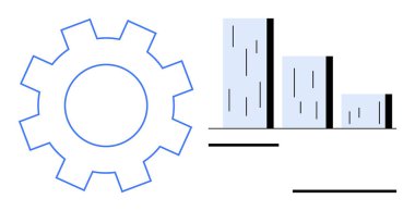 Performans analizi ve büyümeyi gösteren üç çubuklu bir tablonun yanında dişli tasarım mekanizması. İş stratejisi, analitik, optimizasyon, geliştirme, iş akışı, teknoloji için ideal, basit daire