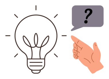 El işareti parlayan bir ampulün yakınındaki konuşma balonunda bir soru işaretine işaret ediyor, problem çözmeyi, yeniliği ve beyin fırtınasını sembolize ediyor. Yaratıcılık, cevaplar, ilham, fikirler için ideal