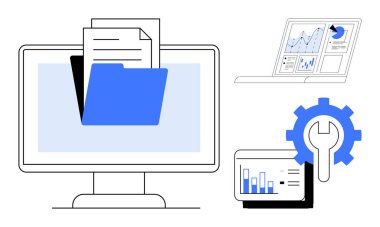 Dizin ve dosyaları olan masaüstü ekranı, monitörde grafikler, tablet analizleri ve ayarlar için dişliler. Veri yönetimi, üretkenlik, karar verme, iş planlaması, analiz stratejisi için ideal