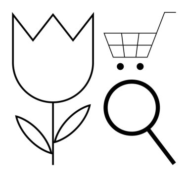 Lale çiçeği, alışveriş arabası ve basit tasarımda büyüteç. E-ticaret, arama araçları, çevrimiçi alışveriş, çevre, arama optimizasyonu çiçek pazarları minimal tasarım için ideal. A