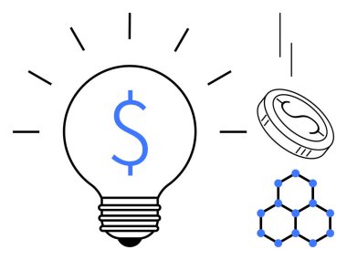 Dolar işaretli ampul, hareket halindeki bozuk para, moleküler altıgen. Yenilik, finans, bilim, teknoloji, yaratıcılık stratejisi yatırımları için idealdir. Basit düz metafor