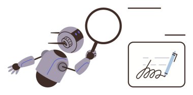 Robot elinde büyüteçle bir belgeyi imzası ve kalemiyle inceliyor. Yapay zeka, otomasyon, analiz, araştırma, teknoloji, dijital doğrulama, sahtekarlık tespiti için ideal. Basit düz metafor