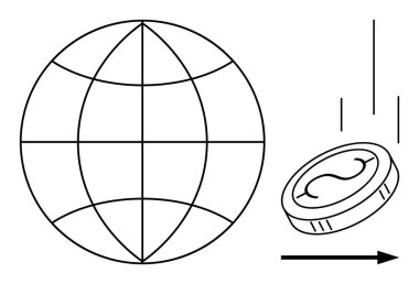 Dünya çapındaki bağlantıyı temsil eden küre ve bir okla hareket eden para birimini sembolize eden para. Ekonomi, küreselleşme, ticaret, finans, yatırım, tiraj ve gelir için ideal. Basit düz metafor